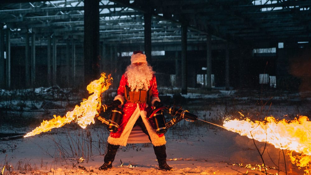 Santa with Flamethrowers in a distribution warehouse